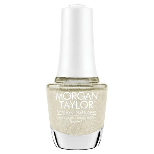 Morgan Taylor light gold nail polish bottle on a white background