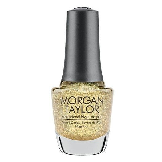Morgan Taylor gold glitter nail polish bottle with black cap.