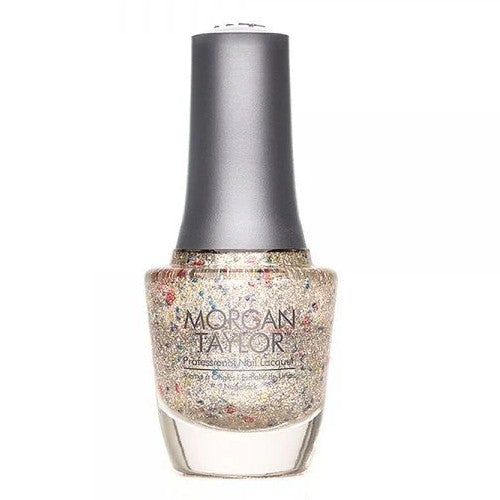 Nail polish bottle with glittery design and 'Morgan Taylor' branding on a white background