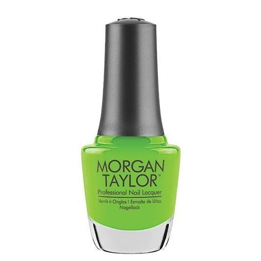 Morgan Taylor lime green nail polish bottle with black cap.