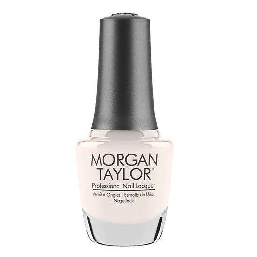 A bottle of Morgan Taylor Professional Nail Polish in an off white creme color with subtle yellow undertones.