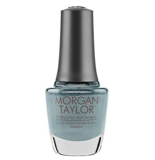 A bottle of Morgan Taylor Nail Polish in a metallic silvery blue shimmer color with a label that reads 'My Other Wig is a Tiara 293'.