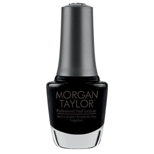 Morgan Taylor black nail polish bottle on a white background