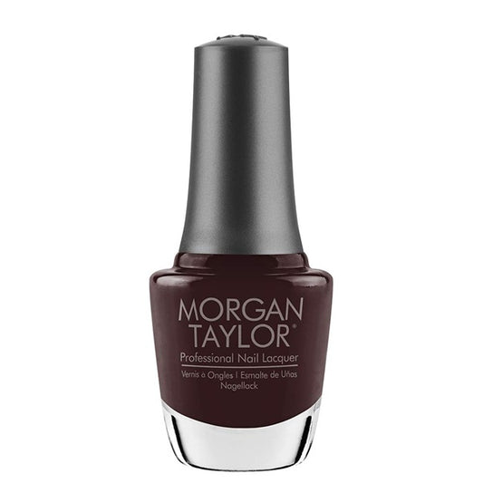 A bottle of Morgan Taylor Professional Nail Lacquer in a brown color, with black cap set against a plain white background.