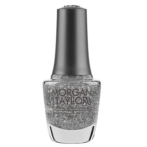 A bottle of Morgan Taylor Nail Polish in a silver glitter color with a clear base and silver flake glitter shards.