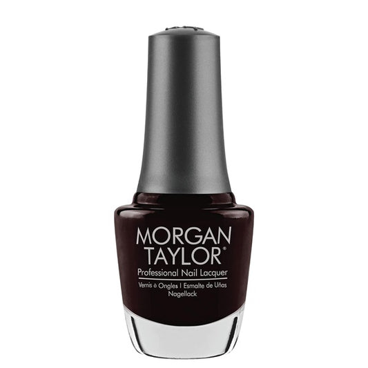 Morgan Taylor dark brown nail polish bottle on a white background