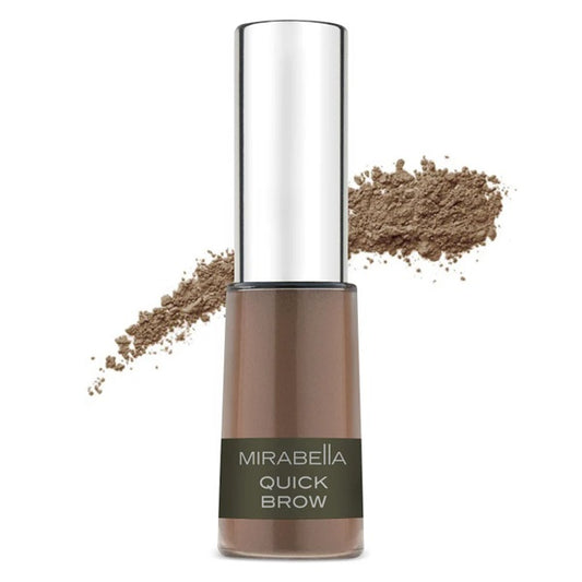 A jar of Mirabella Quick Brow Powder with the lid off, showing the brown powder inside. There is also some loose powder visible around the jar.
