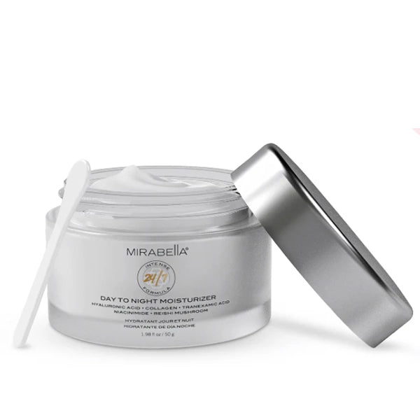 Mirabella Day to Night Moisturizer jar with open, silver lid.