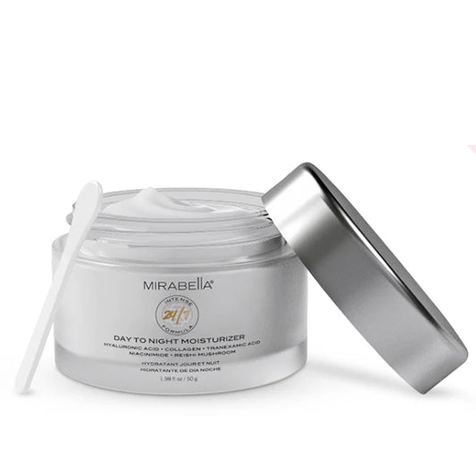 Mirabella Day to Night Moisturizer jar with open, silver lid.