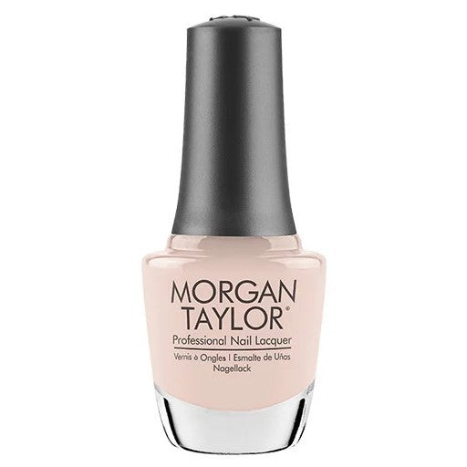 A bottle of Morgan Taylor Professional Nail Lacquer in a shade of pale pink.
