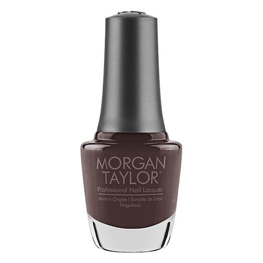 Morgan Taylor brown nail polish bottle with black cap against white background.