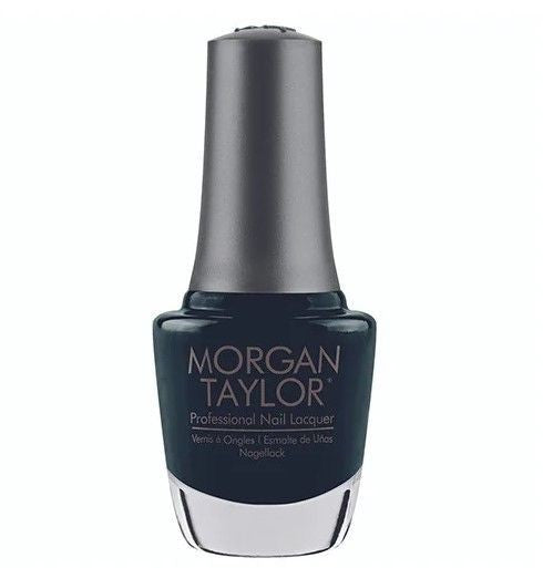A bottle of Morgan Taylor Nail Polish in the shade Jungle Boogie, which is a dark, blackened green creme color.