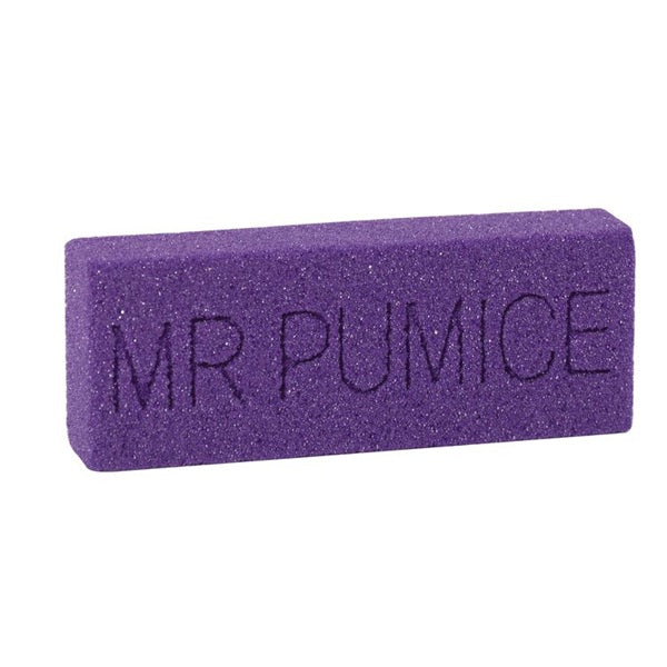Purple pumice stone with 'MR PUMICE' text on a white background