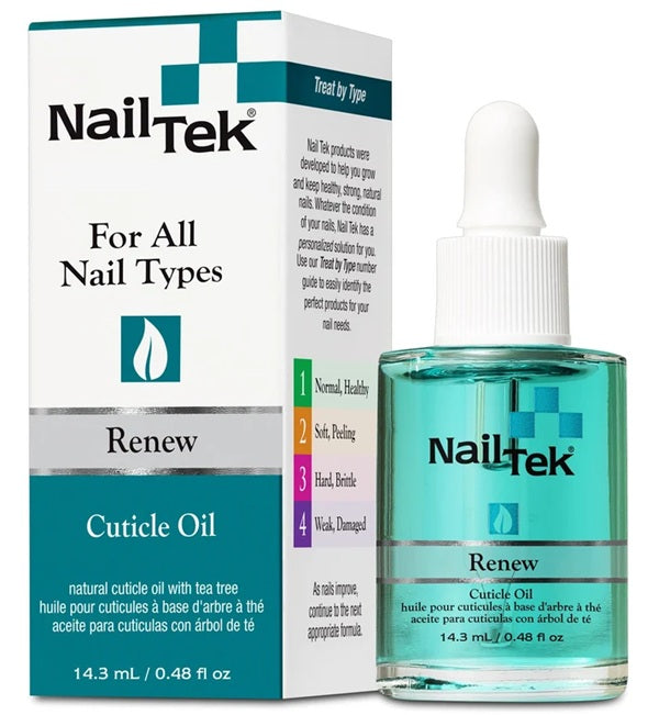 A bottle of Nail Tek Renew cuticle oil with green and white packaging.