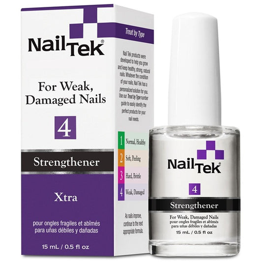 NailTek Xtra Strengthener nail polish for weak, damaged nails, shown with its retail box and clear bottle containing clear liquid.