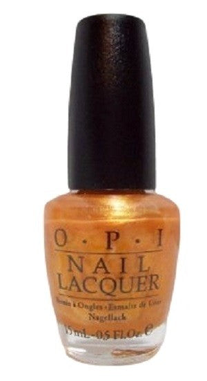 OPI brassy gold nail polish with black cap and white background.