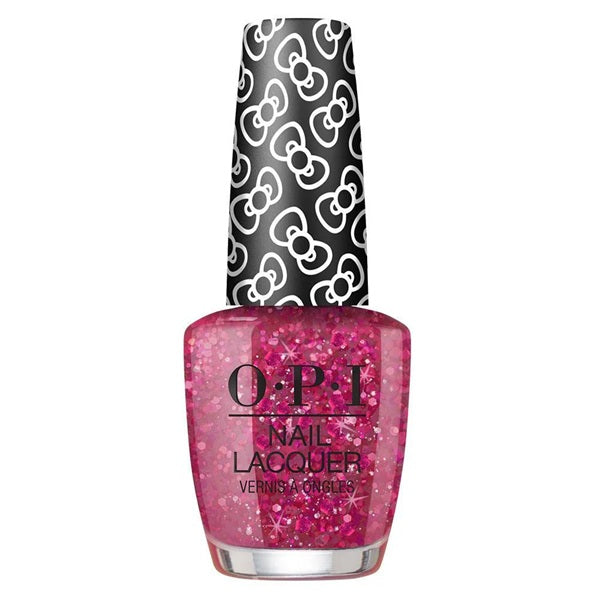 OPI nail lacquer bottle with pink glittery polish and black and white patterned cap on a white background