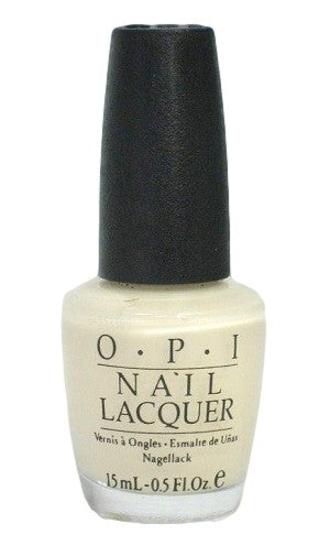 OPI milky off-white nail polish bottle with black cap and white background.