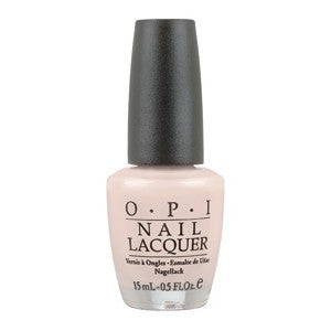 OPI light pink beige nail polish bottle with black cap and white background.