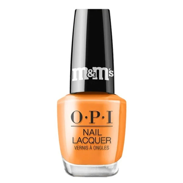 a bottle of OPI orange nail polish bottle with M&M's printed on a black cap.