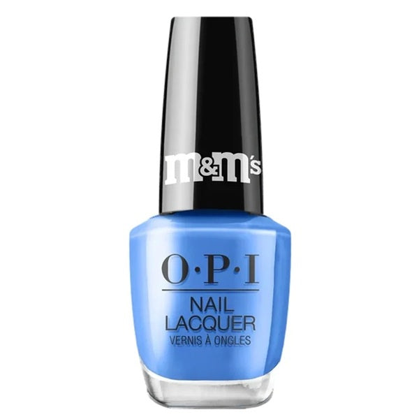 OPI nail polish bottle in a blue shade, with a black cap with M&M's written on it.