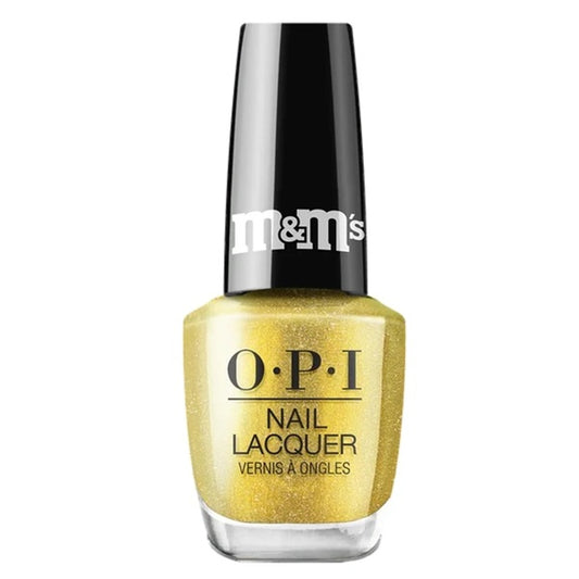 A bottle of OPI yellow shimmer nail polish with a black cap.