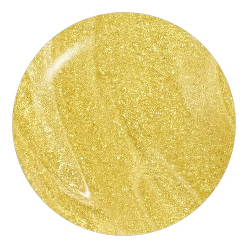 Round yellow shimmer nail polish swatch.