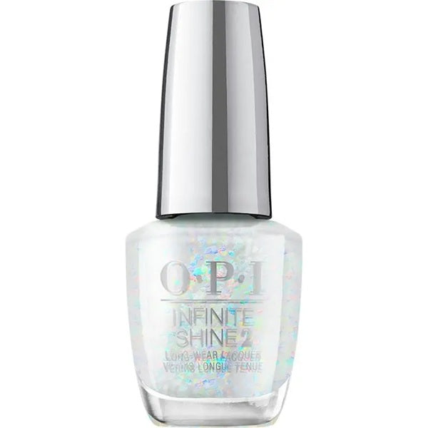 OPI Infinite Shine sheer glitter nail polish bottle with silver cap on a white background