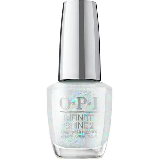 OPI Infinite Shine sheer glitter nail polish bottle with silver cap on a white background