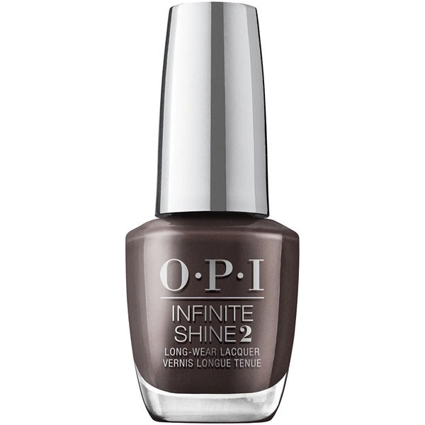 OPI Infinite Shine brown nail polish bottle on a white background
