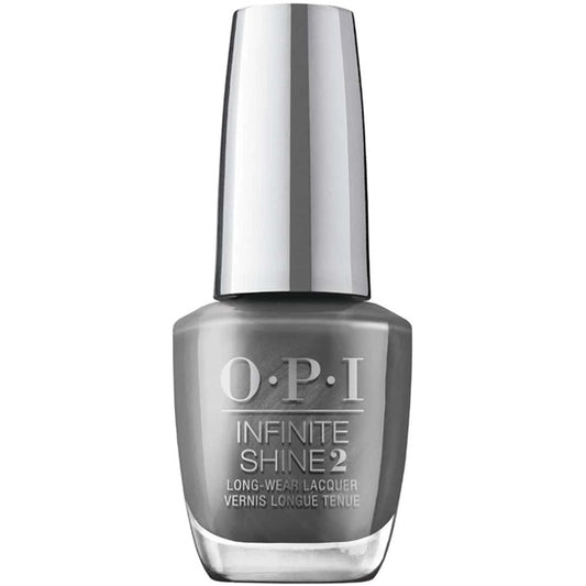 OPI Infinite Shine gray shimmer nail polish bottle on a white background