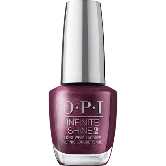 OPI Infinite Shine burgundy red nail polish bottle with a silver cap on a white background