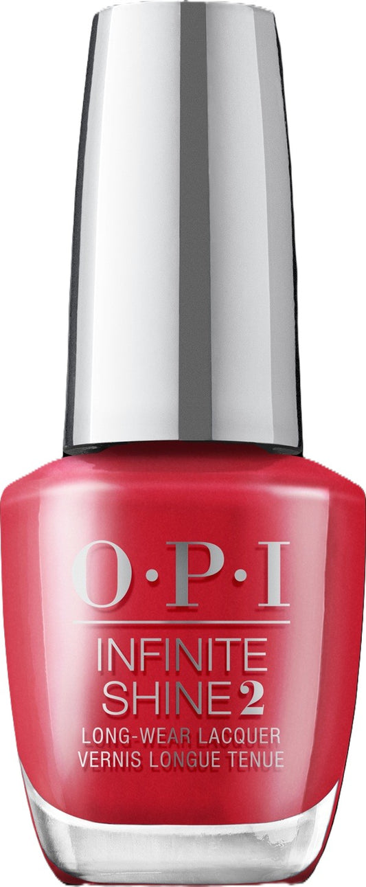 Red nail polish bottle with silver cap labeled 'OPI Infinite Shine' on a white background