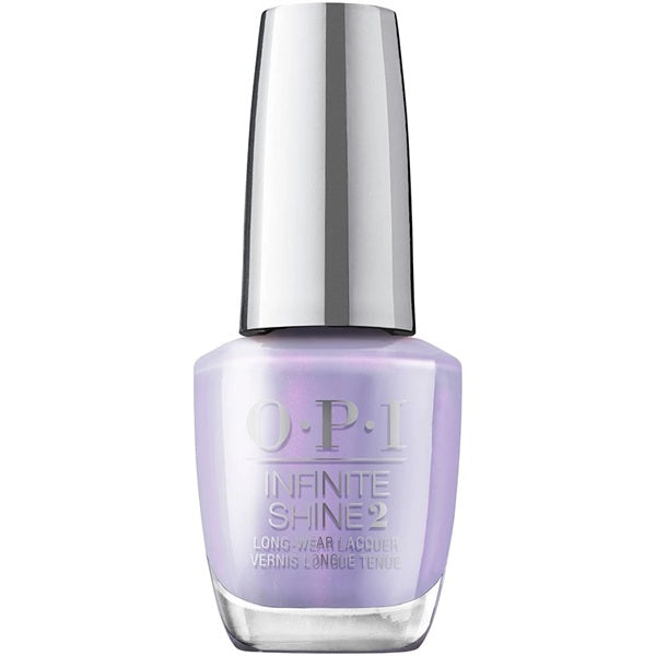 OPI Infinite Shine lavender nail polish bottle with silver cap on a white background