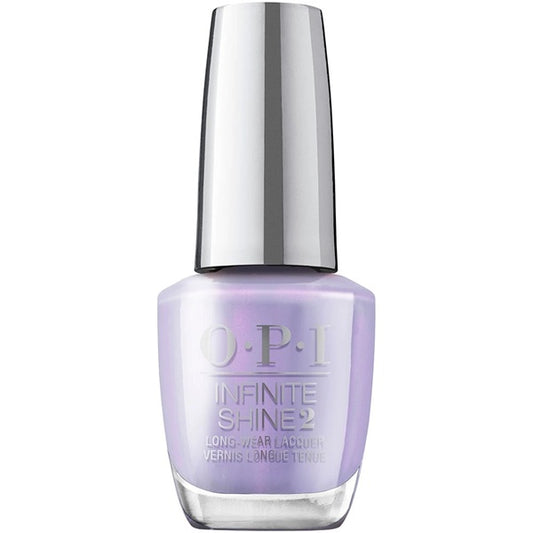 OPI Infinite Shine lavender nail polish bottle with silver cap on a white background