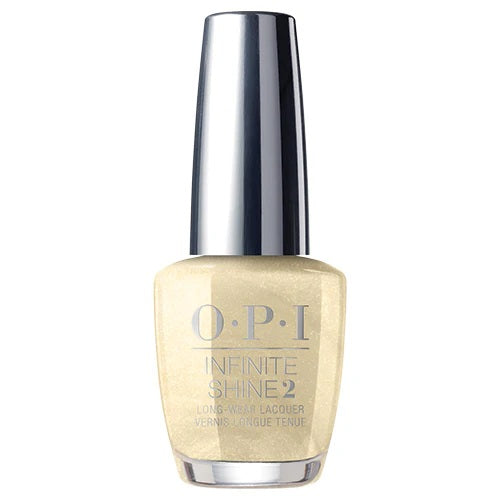 OPI Infinite Shine light gold shimmer nail polish bottle on a white background