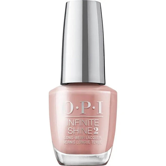 OPI Infinite Shine light pink nail polish bottle with a silver cap on a white background