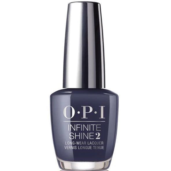 OPI Infinite Shine dark blue/gray nail polish bottle on a white background