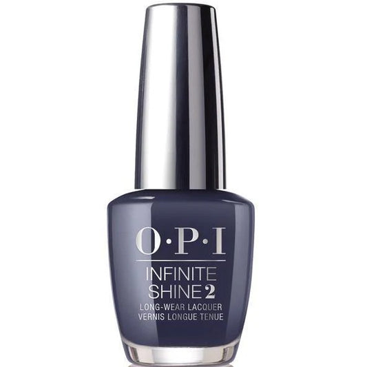 OPI Infinite Shine dark blue/gray nail polish bottle on a white background