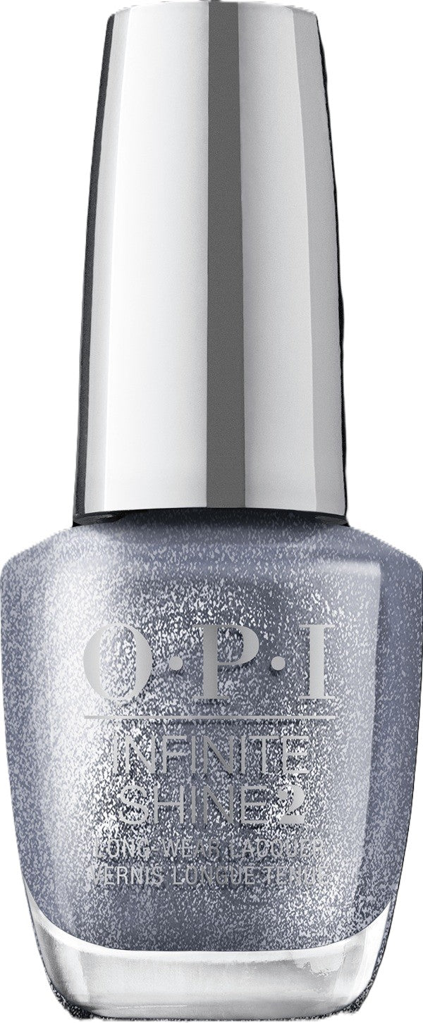 OPI Infinite Shine gray nail polish bottle with glittery finish and silver cap.