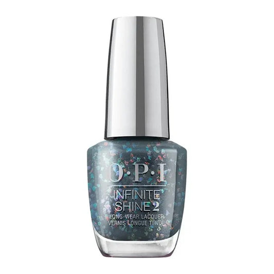 OPI nail polish bottle with off black/gray color with multi-colored flake particles and silver cap on a white background