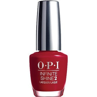 A bottle of OPI Infinite Shine Lacquer nail polish in a red color, with the brand's logo visible on the cap.
