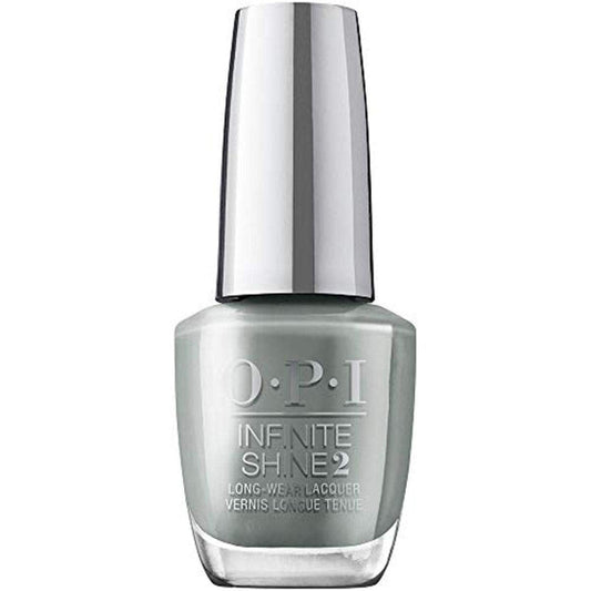 A bottle of OPI Infinite Shine Long Wear Lacquer in a slate gray color with army green and brown undertones.
