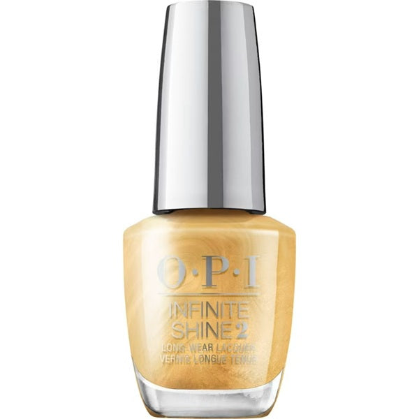 OPI Infinite Shine yellow gold metallic nail polish bottle with silver cap on a white background