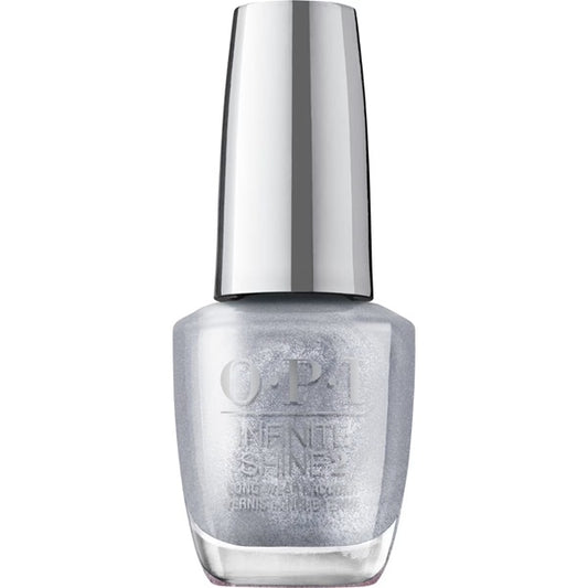 OPI Infinite Shine silver nail polish bottle with silver cap on a white background