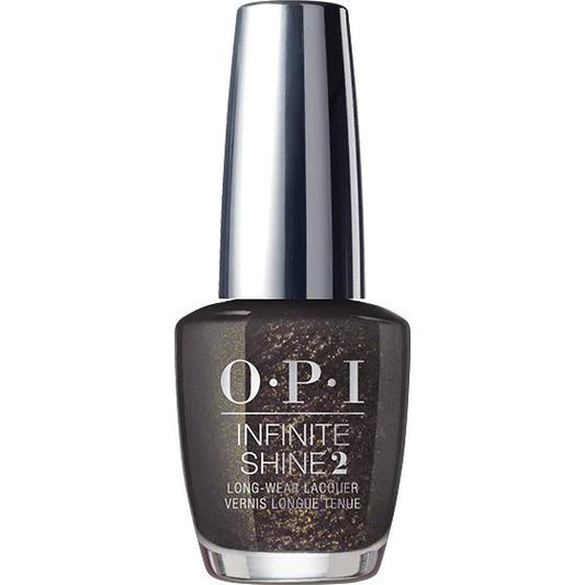 OPI Infinite Shine dark gray brown nail color with deep olive-toned gold flaky micro-glitter