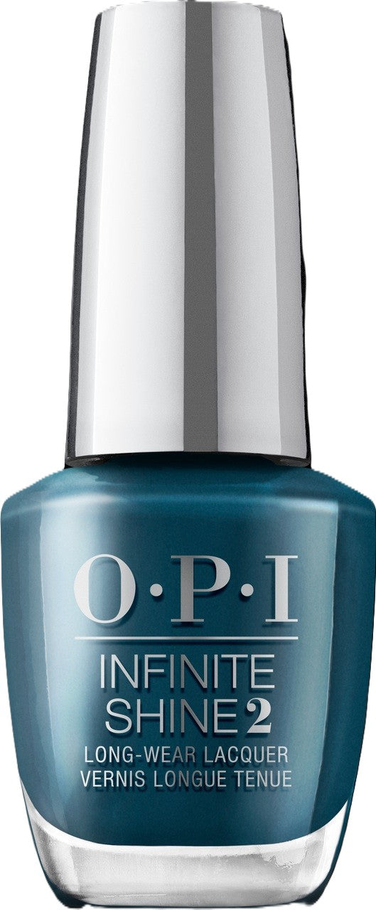 OPI Infinite Shine nail polish bottle in teal green color with silver cap.