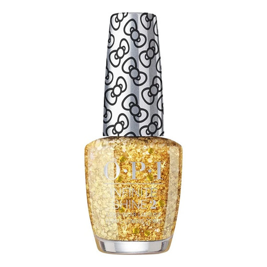 OPI Infinite Shine gold glitter nail polish bottle with a patterned cap on a white background