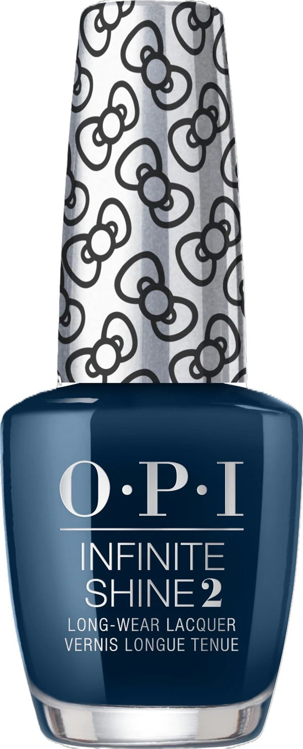 OPI Infinite Shine nail polish bottle with blue color and silver cap with bow pattern