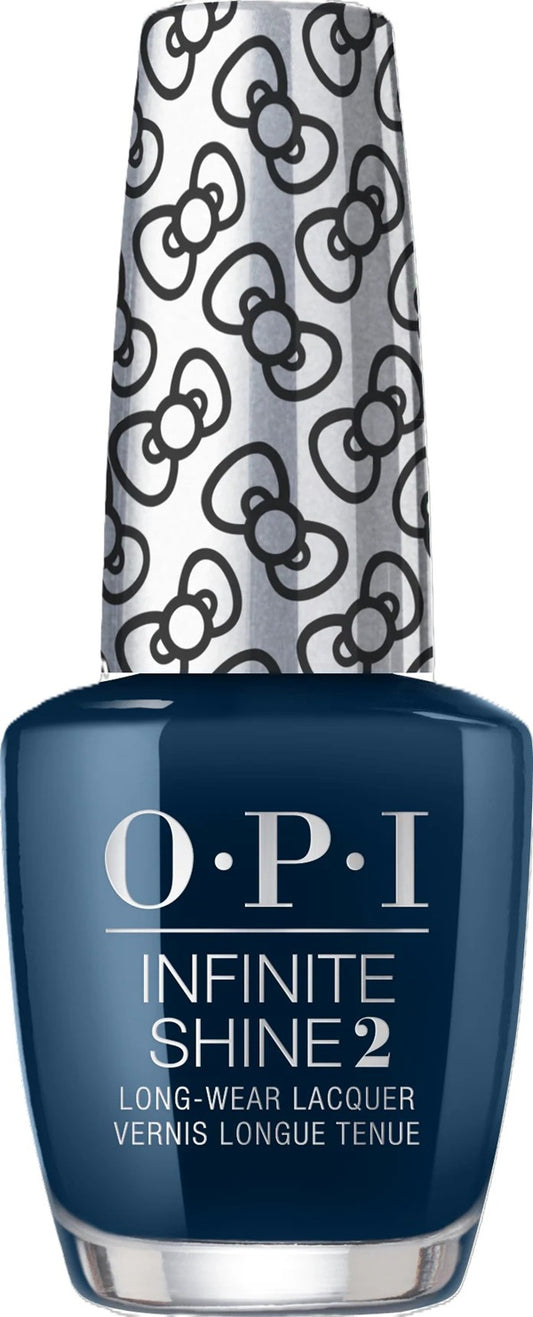 OPI Infinite Shine nail polish bottle with blue color and silver cap with bow pattern